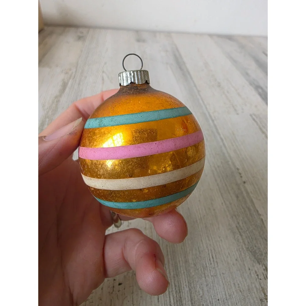 Vintage shiny Brite copper striped glass ornament green pink Xmas tree